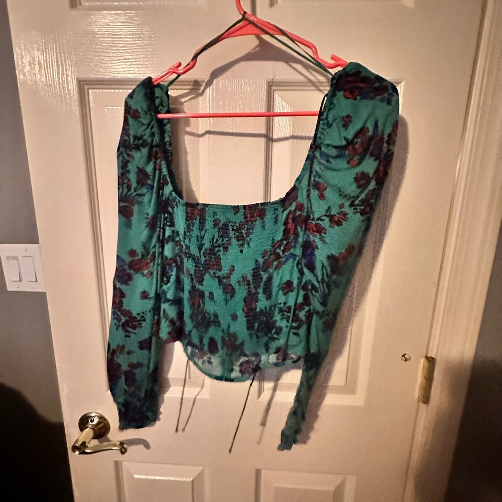 Free People Teal and Purple Floral Blouse
